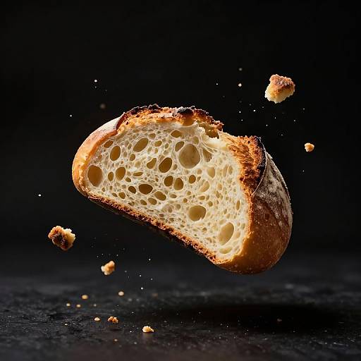 Photograph of a bread loaf slice mid-air, with golden crust and airy white interior, against a dark black background. Crumbs float around.