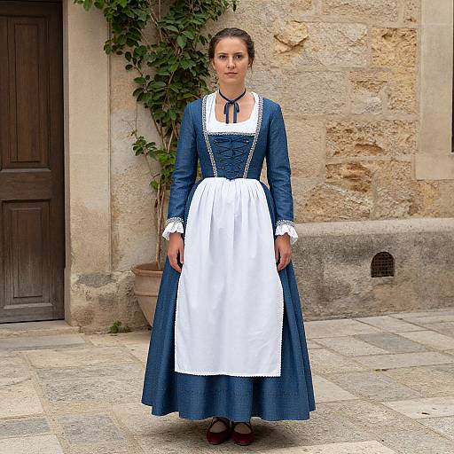 Photograph of a young woman in a blue long-sleeve dress with white apron, standing in front of a stone building. She has brown