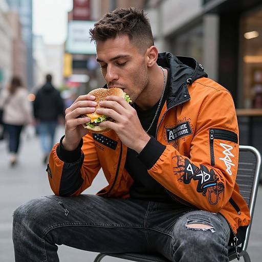 Photograph of a young, short-haired man in an orange jacket and ripped jeans, eating a burger on a city street. Background is blurred with pedestrians