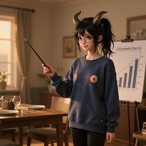 Photorealistic digital art: Girl with black horns, glasses, and blue sweatshirt with nipple holes, holding pointer in sunlit room, standing near