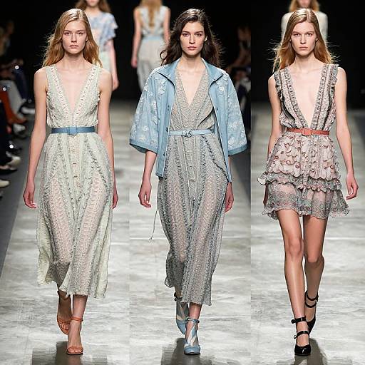 Photograph of three models on a runway wearing sheer, patterned dresses with blue, white, and pink accents, and different footwear.