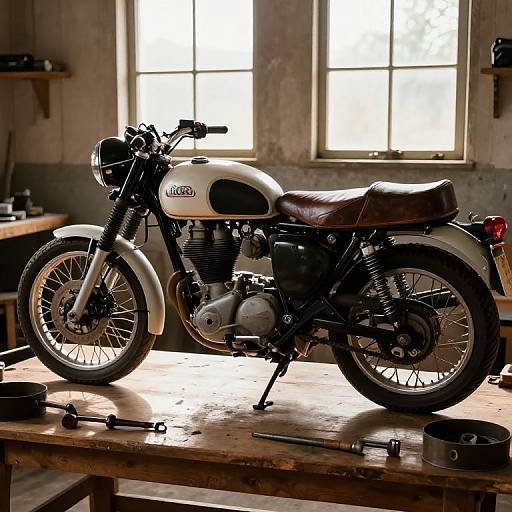 Vintage white motorcycle with black accents, leather seat, and 