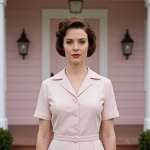 Photograph of a fair-skinned woman with short brown hair, wearing a pale pink button-up dress, standing in front of a pink house with black