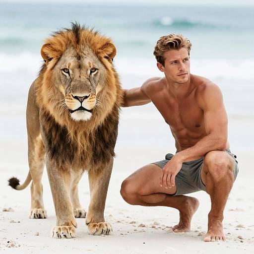 Muscular Man with Lion on Beach