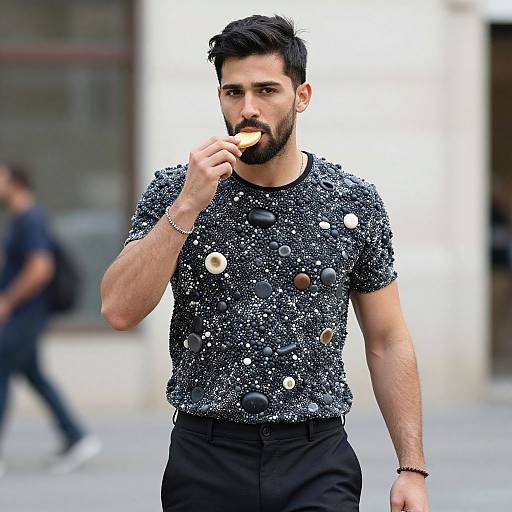 Photograph of a bearded man with dark hair, wearing a black, speckled shirt with circular buttons, eating a pastry in an urban setting