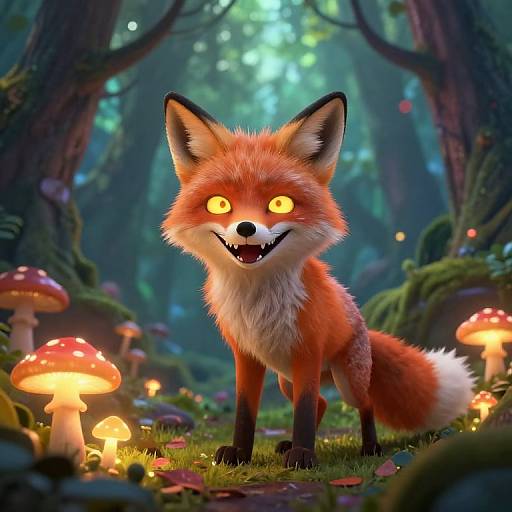 CGI image of a glowing-eyed, smiling red fox standing among glowing red mushrooms in a mystical, forested twilight setting.