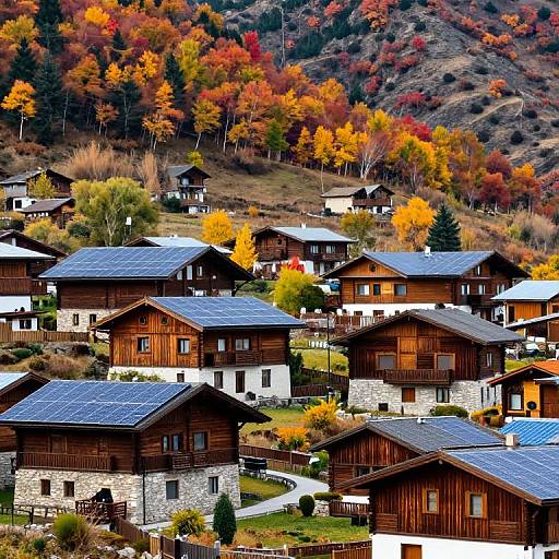 Photograph of a picturesque mountain village with wooden houses, stone foundations, and vibrant autumn foliage in shades of red, orange, and yellow.