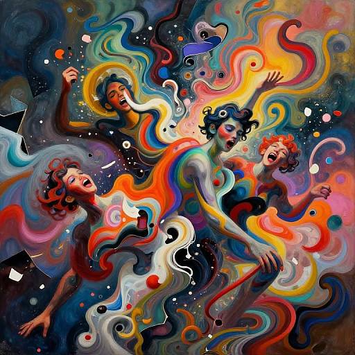 Vibrant, surreal painting of three abstract, colorful figures with swirling, neon-like patterns, expressive faces, and dynamic poses against a dark, star