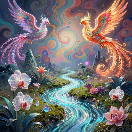 Digital fantasy artwork: Vibrant phoenixes with colorful feathers soar above a glowing, winding river in a whimsical, swirling mountain landscape with glowing flowers and