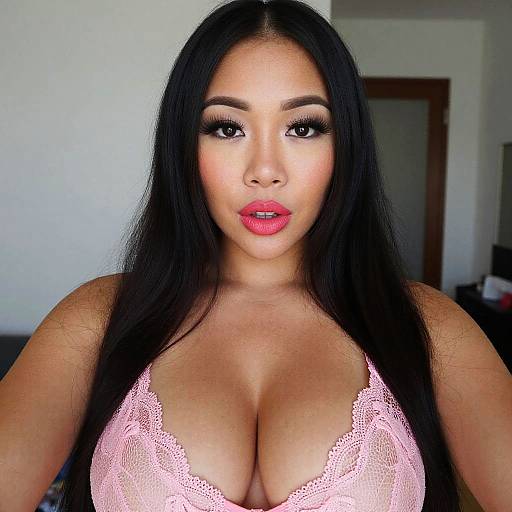 Photograph of a curvy woman with long black hair, full lips, and heavy makeup, wearing a pink lace bralette, showing cleavage,