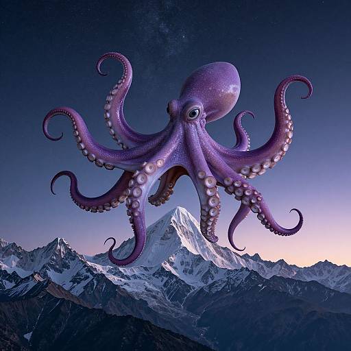 Photograph of a vibrant purple octopus with detailed tentacles hovering above snowy, mountainous peaks under a twilight sky.
