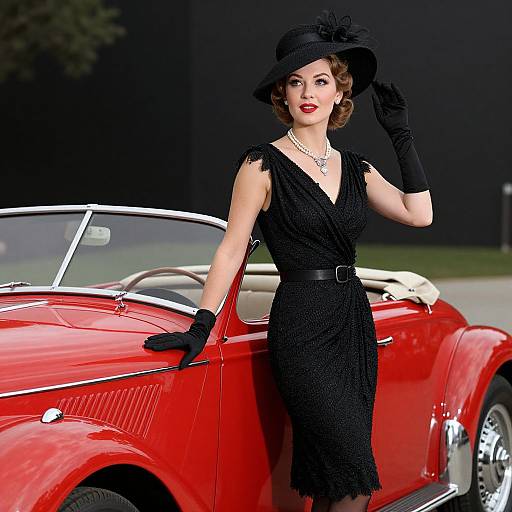 Photograph of a vintage-style woman with short curly brown hair, wearing a black dress, gloves, and hat, standing beside a shiny red convertible.