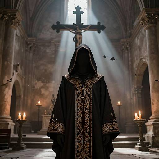 Hooded Figure in Ruined Church