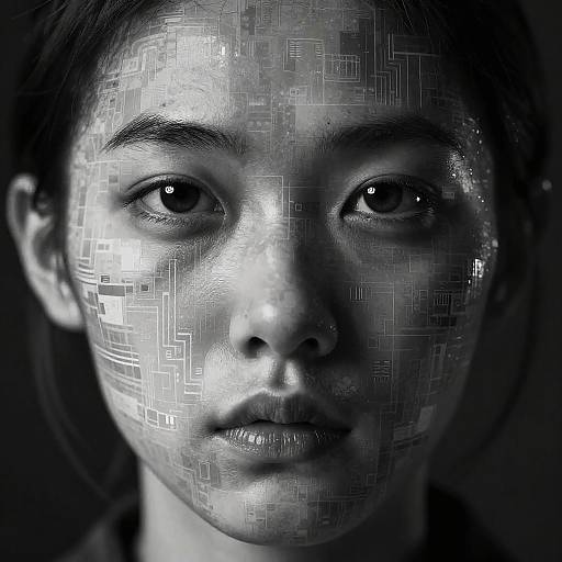 Close-up photograph of an Asian woman with digitally overlaid, pixelated patterns on her face, creating a futuristic, cybernetic appearance. Monoch