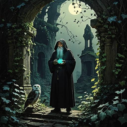 Elderly Hermit with Glowing Owl in Ruins