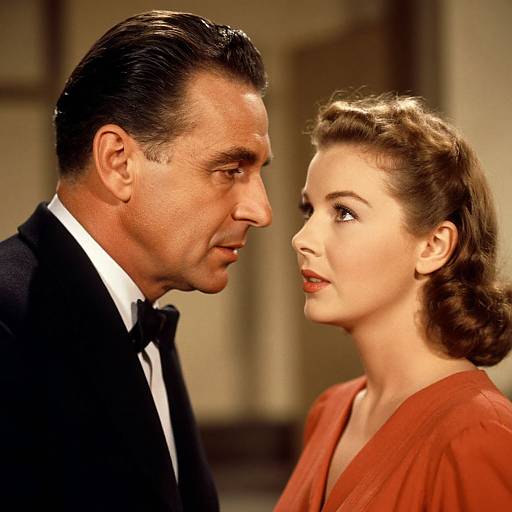 Photograph of a mid-20th century couple in a close, intimate profile shot. The man, in a black tuxedo, gazes