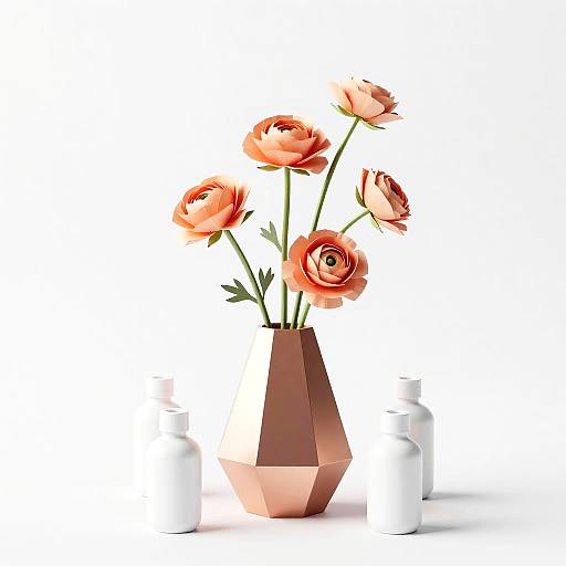 Low-Poly Rose Gold Vase with Flowers