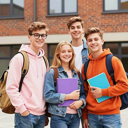 Four Smiling Teens Outside School