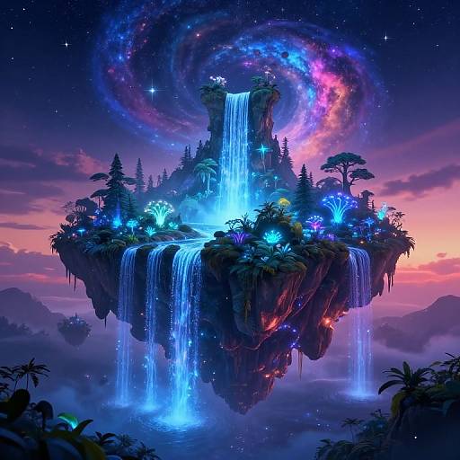 Fantastical floating island with glowing blue waterfalls, vibrant bioluminescent plants, and a cosmic swirl galaxy in the night sky. Digital art