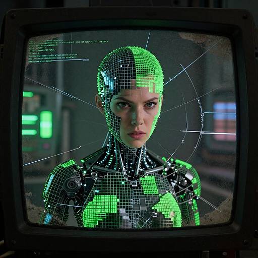 Digital artwork of a cybernetic woman with green and black grid-patterned suit, viewed through a cracked, vintage TV screen.