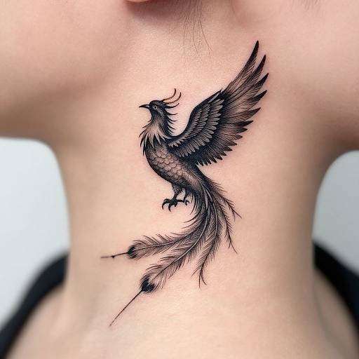 Photograph of a detailed black ink phoenix tattoo on the side of a pale neck, featuring feathery wings and tail.