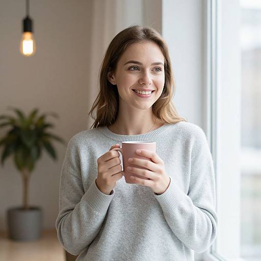 Photograph of a smiling young woman with light brown hair, wearing a light gray sweater, holding a pink mug, standing in a bright, modern room