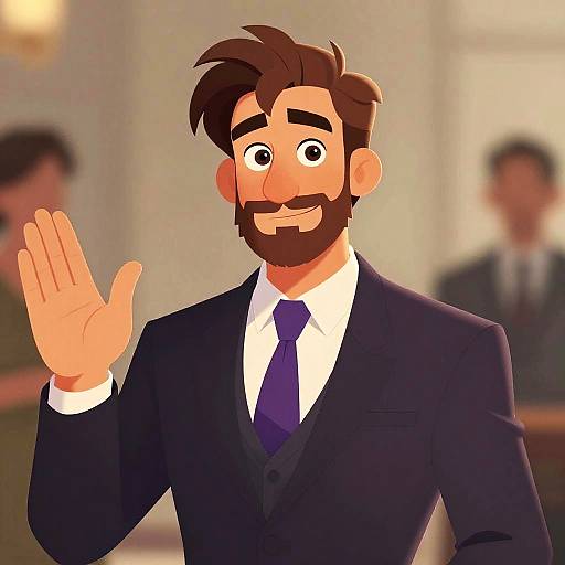 Cartoon bearded man in dark suit, white shirt, purple tie, waving hand, with blurred background and two indistinct figures. Digital art