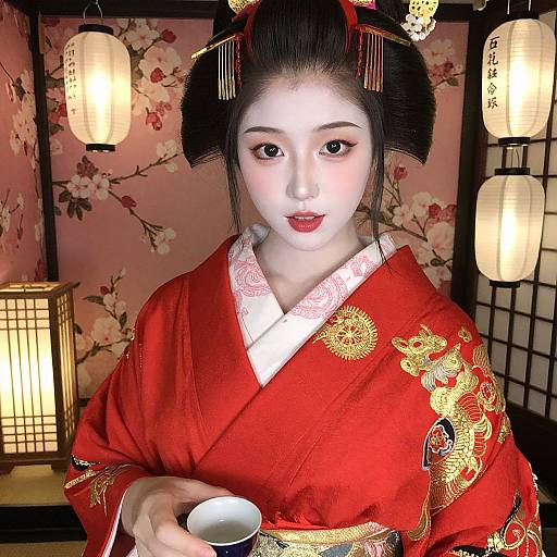 Photograph of a beautiful Asian woman in a red kimono with gold embroidery, traditional Japanese hairpins, holding a teacup, illuminated by paper