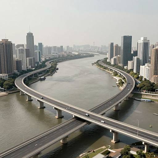Aerial photograph of a curved highway bridge over a river, surrounded by a modern cityscape with high-rise buildings and green trees.
