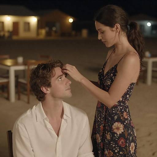 Couple sharing gentle moment on beach at night