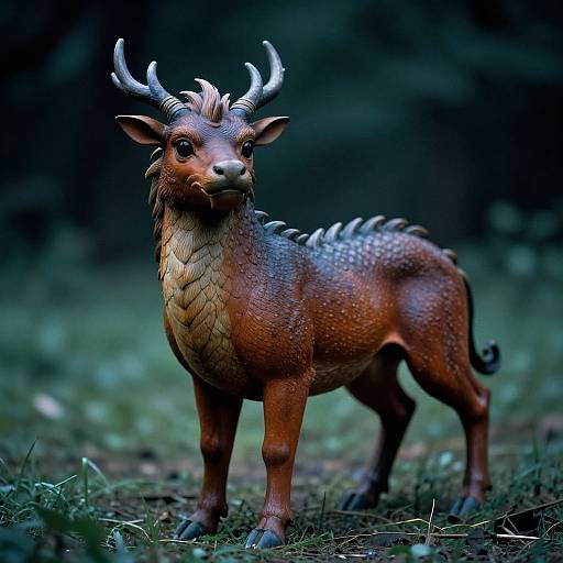 Photograph of a detailed, fantasy-style, miniature deer with brown fur, white speckles, and small antlers standing on grass in a dark