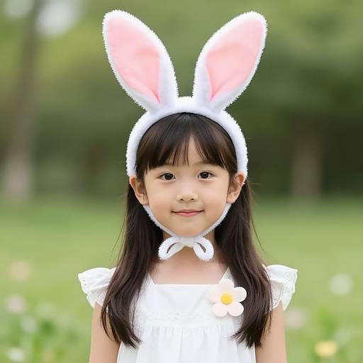 Photograph of an Asian girl with long black hair wearing a white bunny ears headband and dress, smiling in a green, blurry park background.