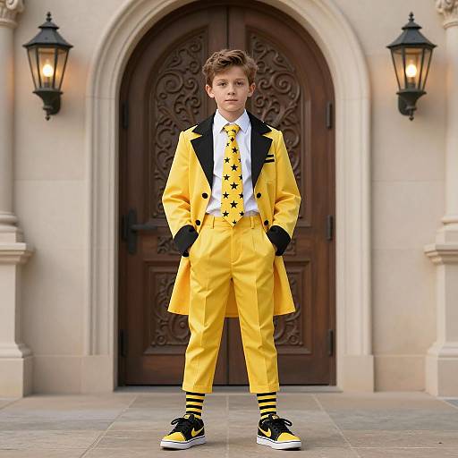 Young Boy in Bright Yellow Hufflepuff-Inspired Costume