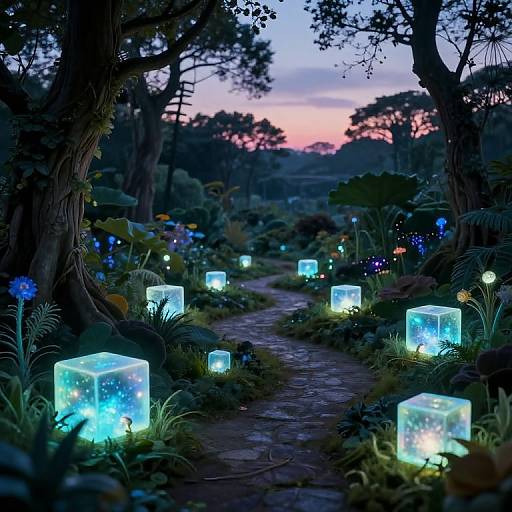 Photograph of a magical forest path at twilight, illuminated by glowing blue cube lanterns, surrounded by dark trees and colorful flowers.