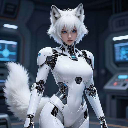 Digital art of a white-haired, blue-eyed, robotic fox-girl with white fur ears and tail, standing in a dark sci-fi control room.