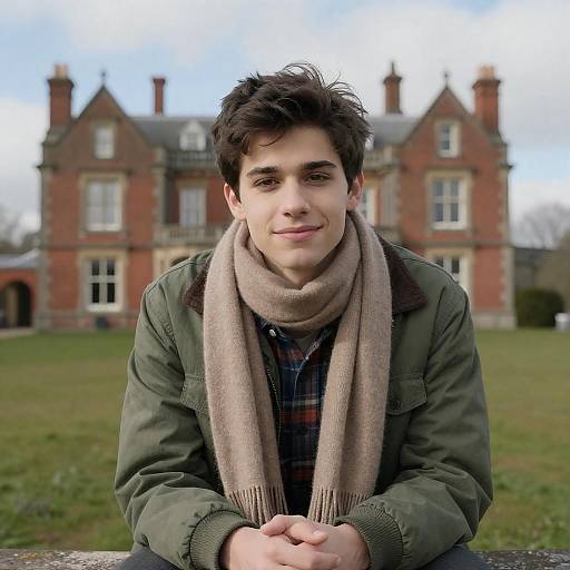 Young Man in Scarf Outside Red Brick Mansion