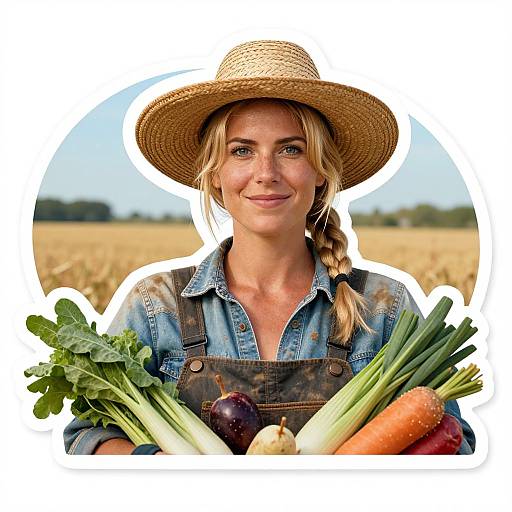Photograph of a smiling blonde woman in a straw hat, denim shirt, and overalls, holding fresh vegetables in a sunlit field.