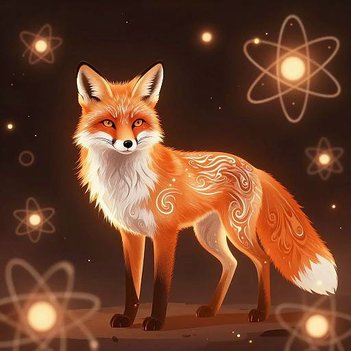 Digital artwork of a glowing red fox with white tribal patterns, standing amid floating, luminous atomic symbols against a dark background.