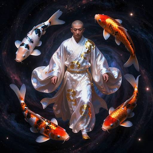Celestial Koi Monk Amidst Nebula Battle