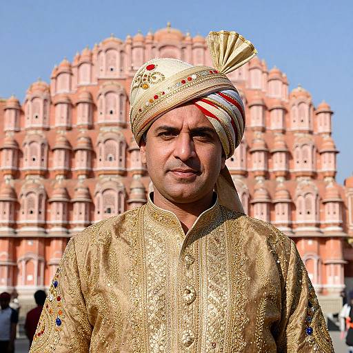 Photograph of a South Asian man wearing a gold embroidered traditional outfit and a decorative turban, standing in front of a red sandstone palace with multiple