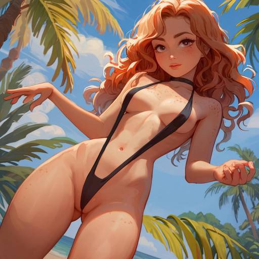 Young Woman in Tropical Print Swimsuit at Beach