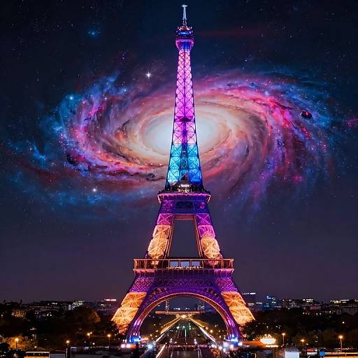 Photograph of the Eiffel Tower illuminated in vibrant blue, pink, and purple lights, with a colorful, swirling galaxy backdrop at night.