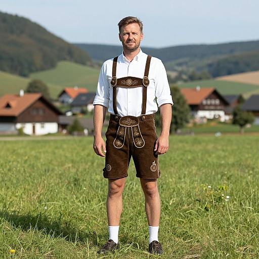 Photograph of a bearded man in white shirt and brown Lederhosen, standing on a grassy field with rural houses and hills in the