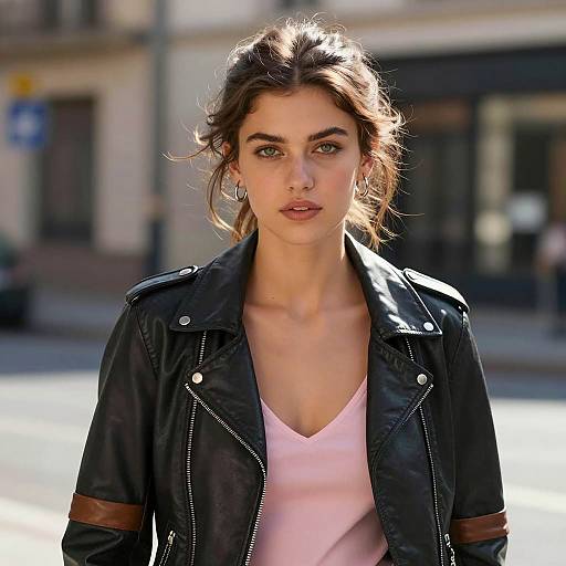 Young Woman in Black Leather Jacket