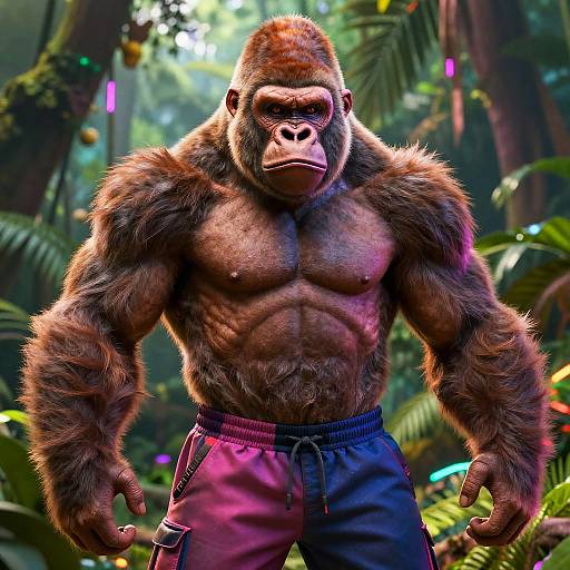 Photorealistic CGI of a muscular, anthropomorphic gorilla with brown fur, pinkish face, and blue-black shorts standing in a vibrant jungle.