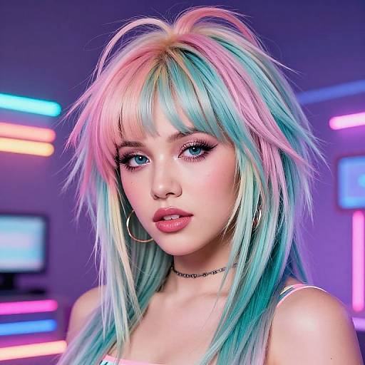 Photorealistic digital portrait of a young woman with pastel rainbow hair, blue eyes, hoop earrings, choker, and neon-lit background.