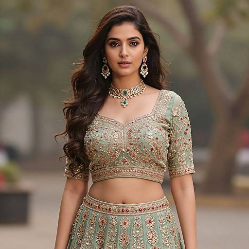 Photograph of a beautiful Indian woman with long, wavy dark hair, wearing an ornate, green and gold traditional outfit, choker, and
