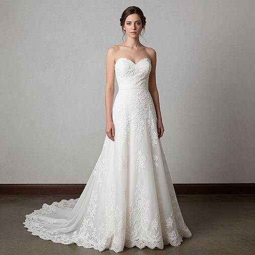 Photograph of a slender, fair-skinned woman with dark hair in an elegant, strapless white lace wedding gown with a long train, standing against