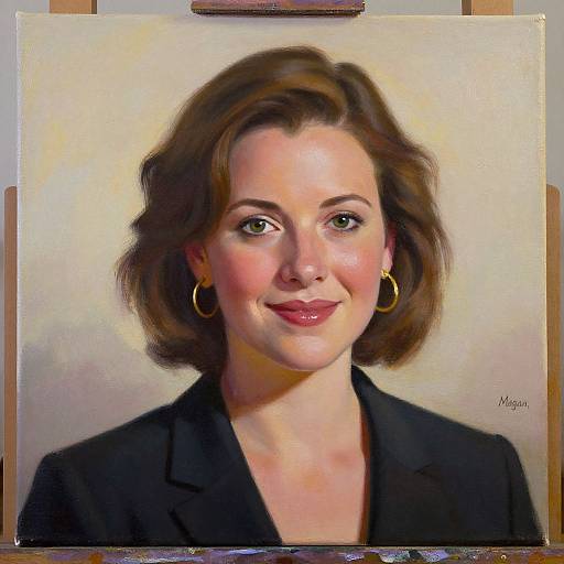 Digital portrait of a smiling woman with short brown hair, wearing gold hoop earrings and a black blazer, against a beige background. Artist's signature 