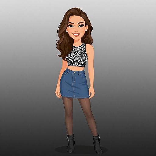 Digital cartoon of a smiling young woman with long brown hair, wearing a black patterned crop top, blue high-waist skirt, black tights